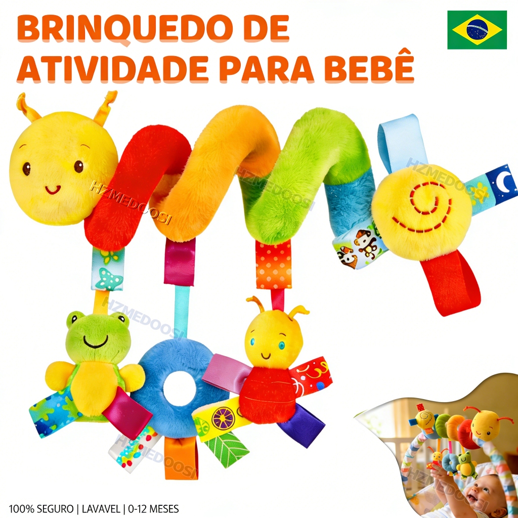 Brinquedo para carrinho de bebe Espiral Lagarta de pelúcia  Berço Brinquedos Sensorial 0-3 Anos  Chocalho  Brinquedo Str