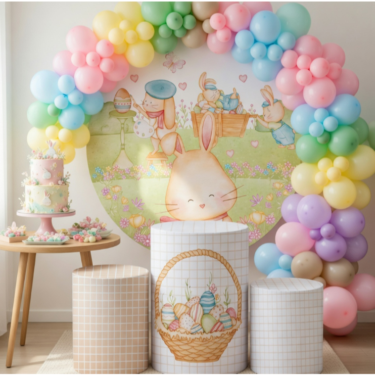 Kit Painel Redondo 1,50 + Trio de Cilindros Páscoa Coelhinho Capas Veste Fácil Bibi Painéis
