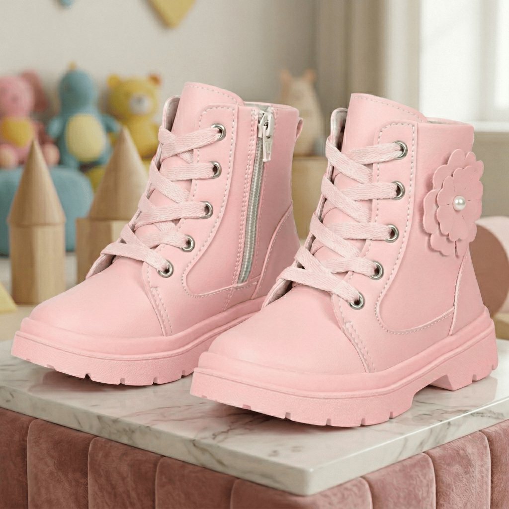 Bota Infantil Coturno Feminino Flor Confortavel Antiderrapante Menina