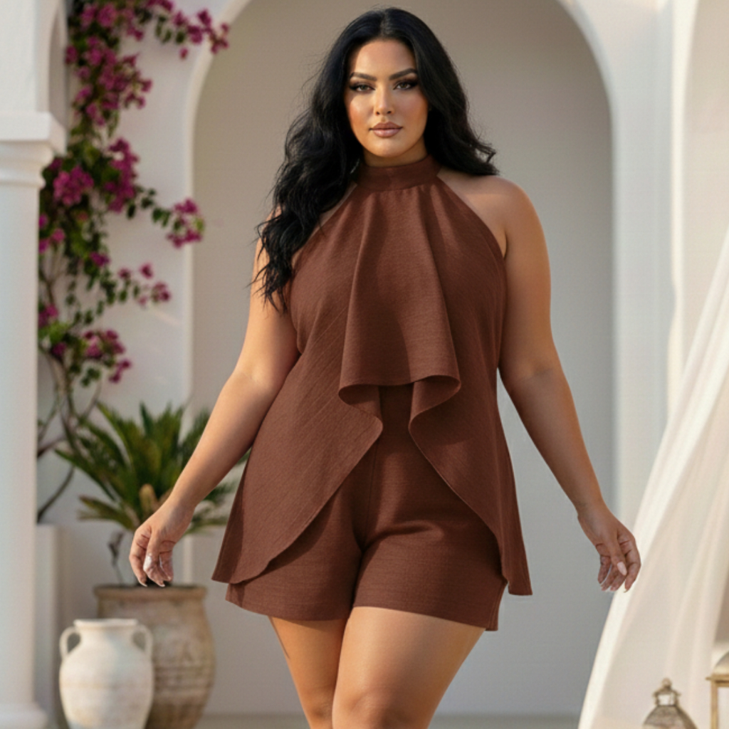 Macaquinho Plus Size Feminino Frente Única Costas Abertas