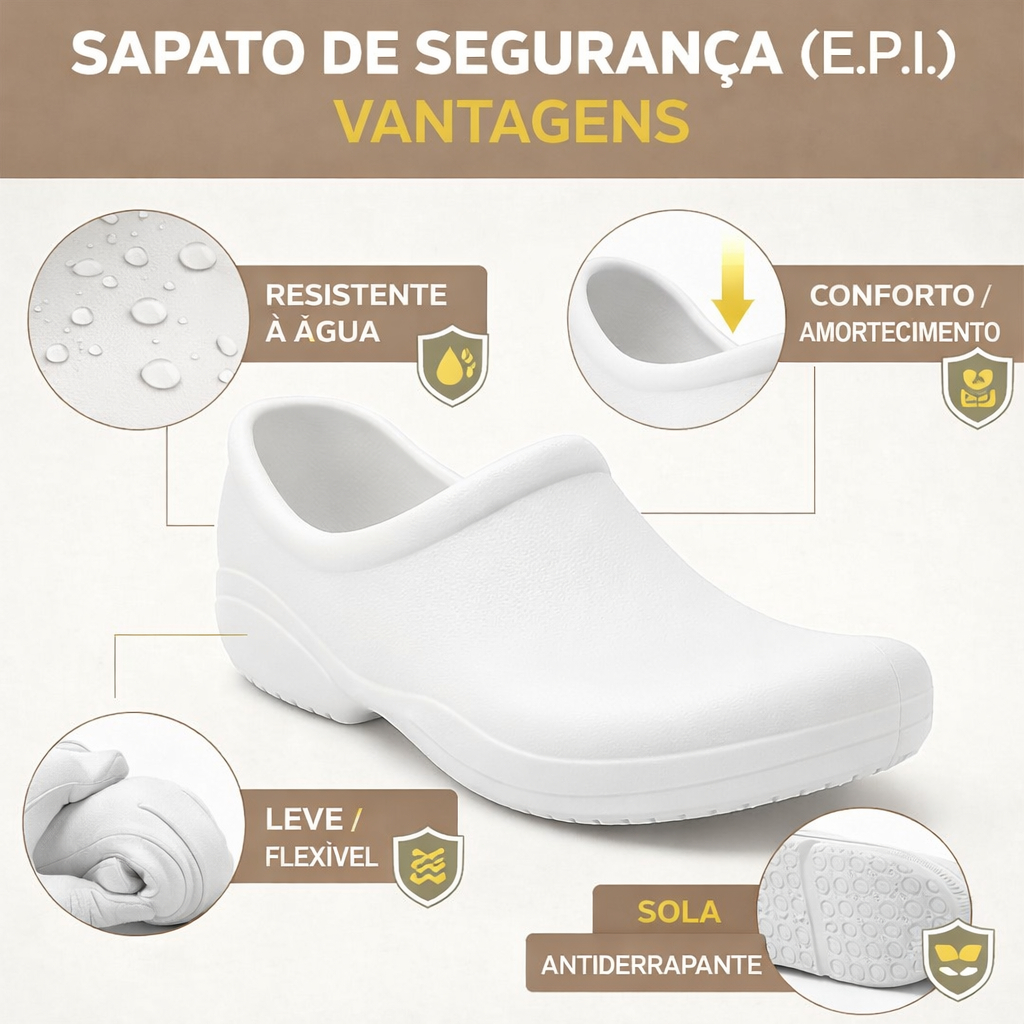 Sapato Profissional Epi Antiderrapante Trabalho Branco Preto e Nude