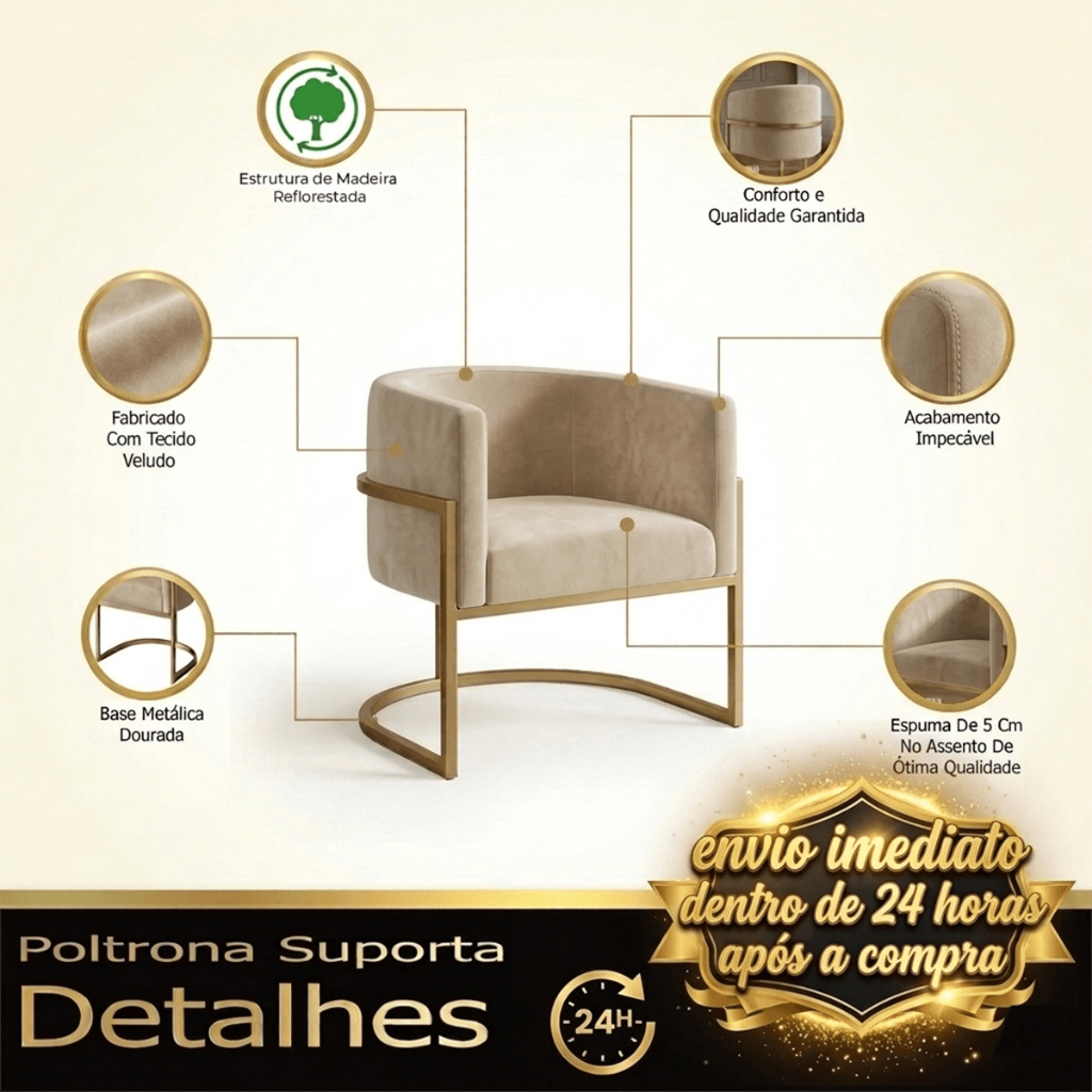 Poltrona Luna Com Base de Metal Decorativa Para Sala Salão Escritório Recepção Veludo em Oferta na Shopee