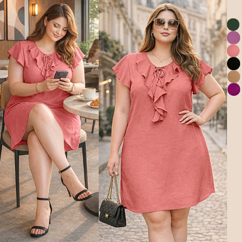 VESTIDO PLUS SIZE  FEMININO ELEGANTE SOLTINHO VESTIDOS FEMININOS MODA SOCIAL CONFORTÁVEL BABADO FRESCO FEMININAS MIDI