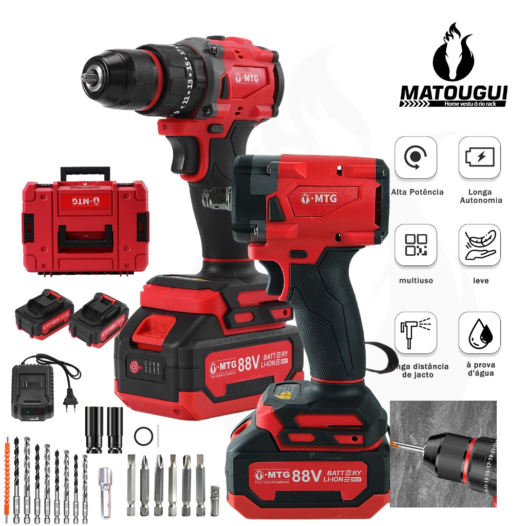 Furadeira e Chave de Impacto 88V Brushless 2 em 1 Profissional 2 Baterias Lítio Maleta Rígida