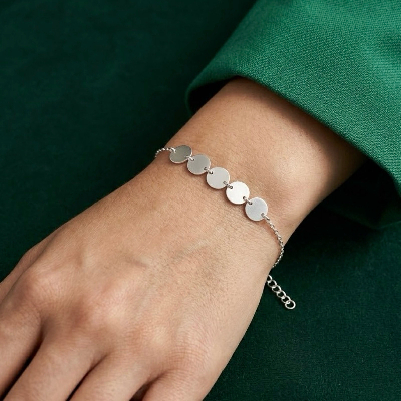 Pulseira Medalhas Lisas em Prata 925 Pulseira Feminina Delicada Minimalista