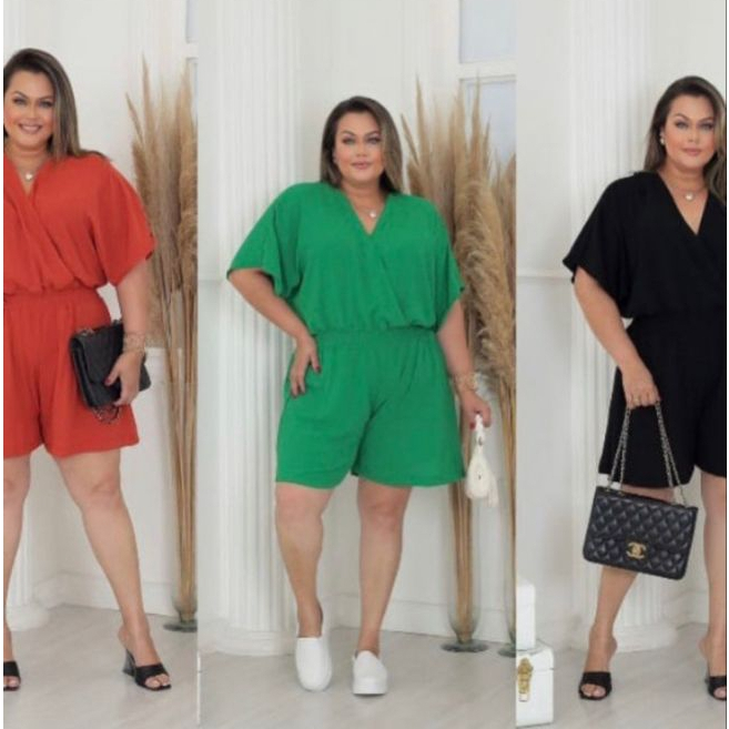 kit 3 Macaquinhos Feminino Plus Size ,Soltinho, Manga Morcego, Elástex na cintura, Crepe Duna, Confortável.