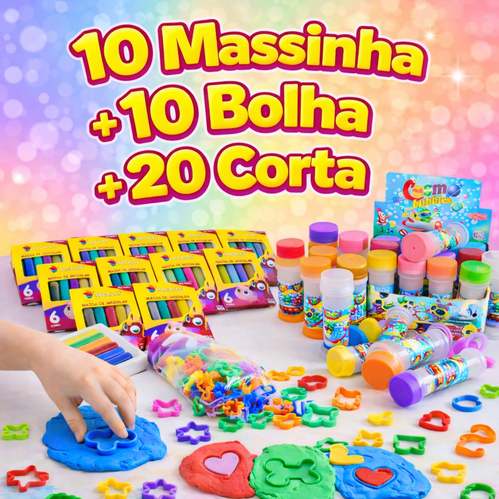 10 Massinha de Modelar + 10 Bolha de Sabão + 20 Cortador Molde Kit Festa Lembrancinha