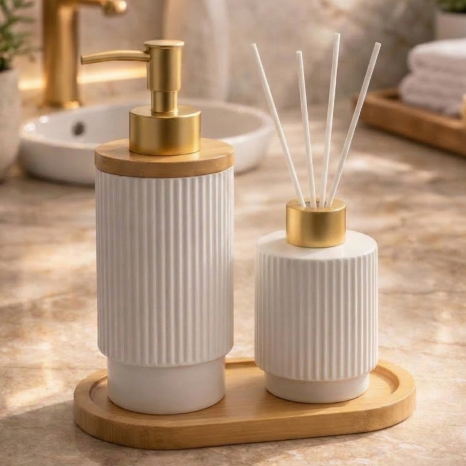 Kit Porta Sabonete Liquido e Difusor Aromatizador de Ambiente Porcelana Elegante Luxo