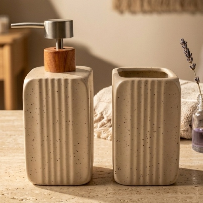 Kit Banheiro Elegante Porcelana Porta Sabonete Dispenser e Porta Escovas Lavabo Luxo