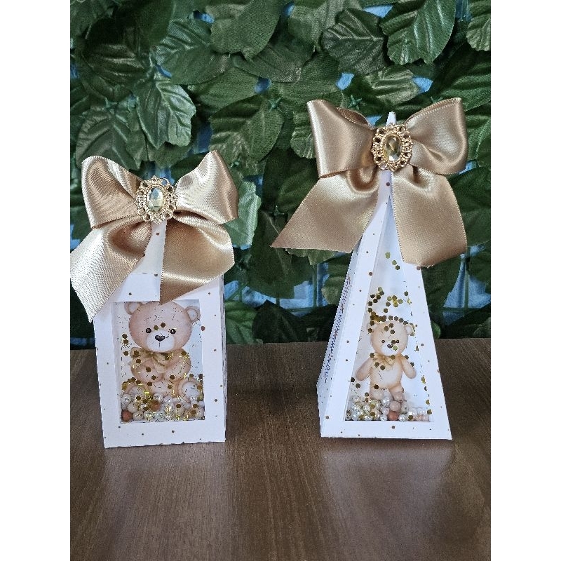 Kit Lembrancinha Chá Revelação Ursinho Luxo com Laço Dourado e Pedraria | Boy or Girl Personalizado