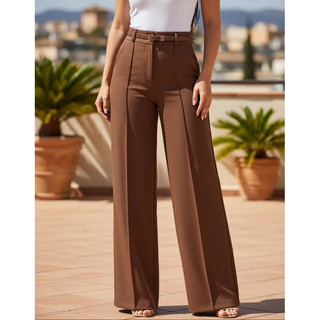 Calça Alfaiataria Pantalona Social Feminina Com Cinto Encapado Elegante