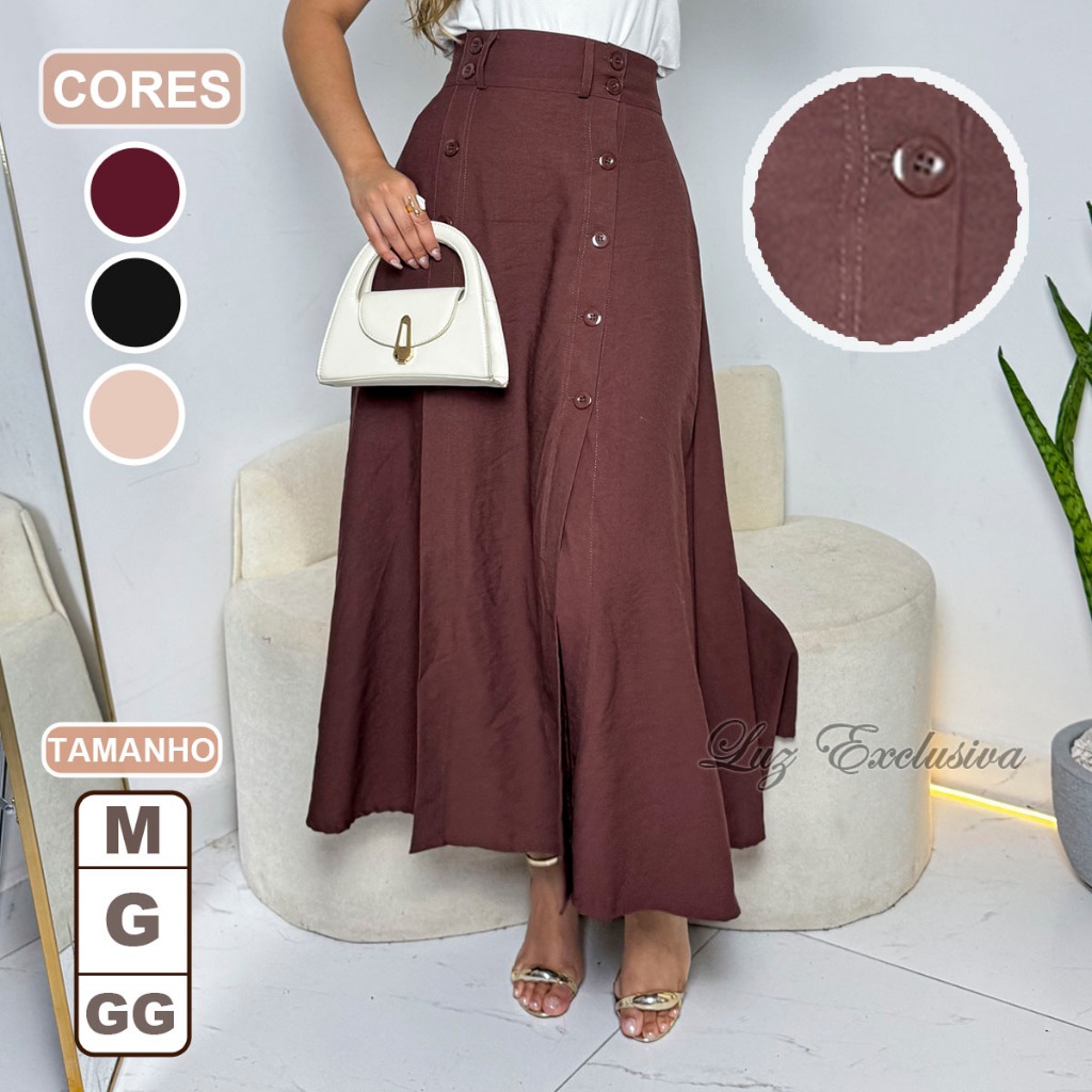 Saia Longa Feminina, Moda Evangelica, Cintura Alta, Com Botões, Midi, Com Bolso, Elegante Casual Chic Moda 2026