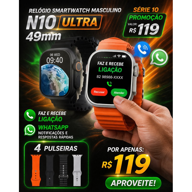 Relógio Smartwatch Masculino N10 ULTRA 49mm 4 Pulseiras Faz Ligação Série 10 Promoção