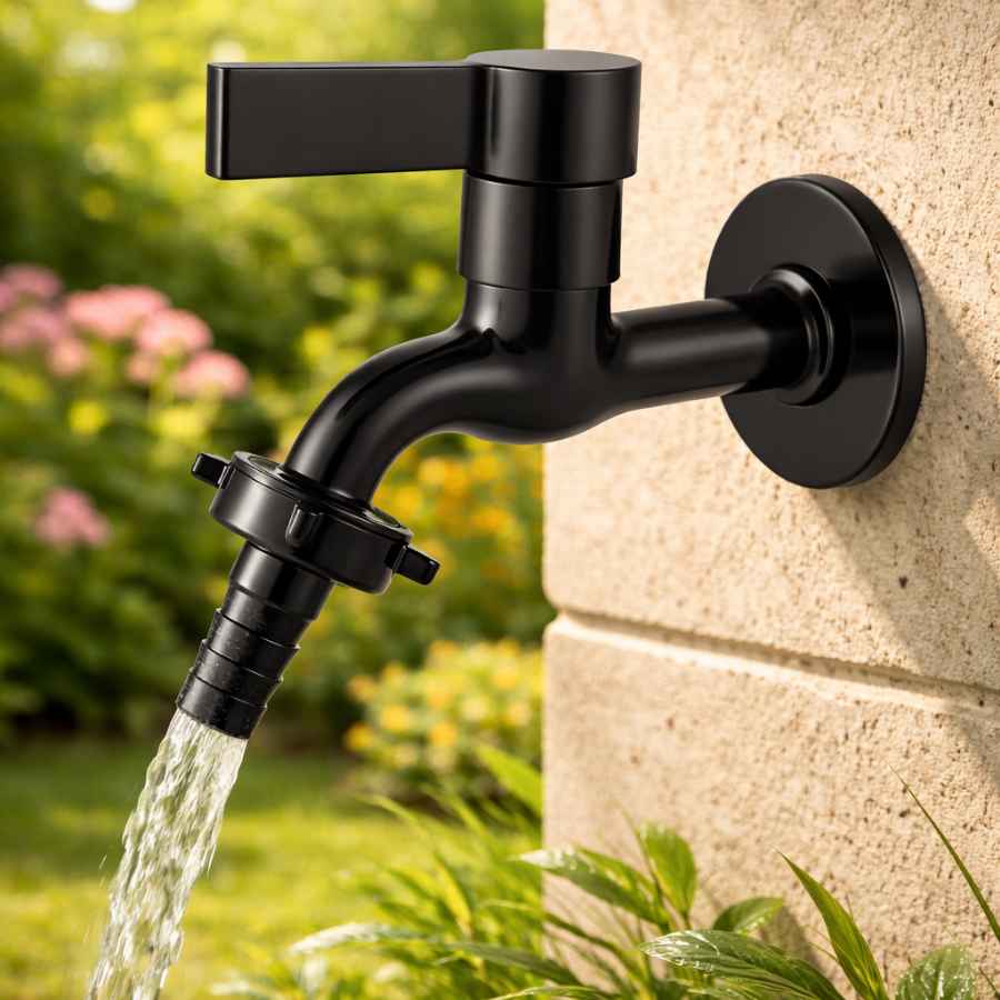 Torneira Jardim Preta 1/4 Volta Luxo Resistente com Adaptador Mangueira 3/4 – Torneira Parede Área Externa Tanque Lavan