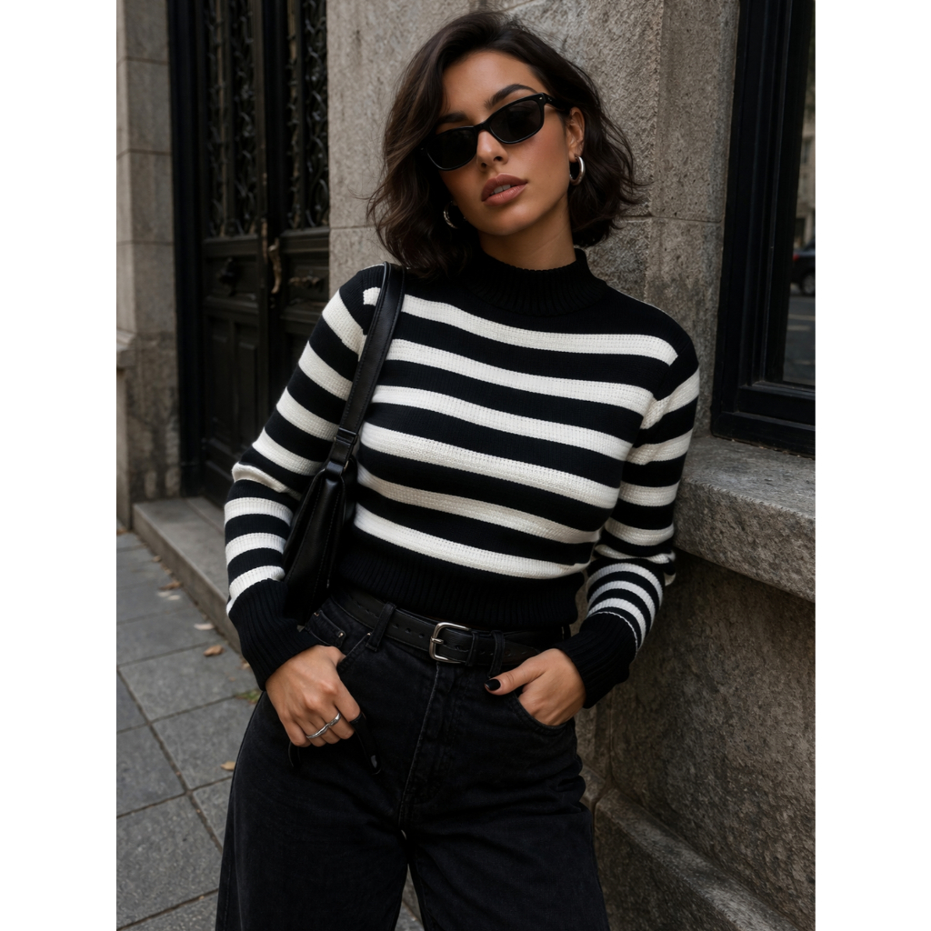 Blusa Manga Longa Trico Feminina Listrada Gola Alta Moderna Tendencia 2026 Elegante