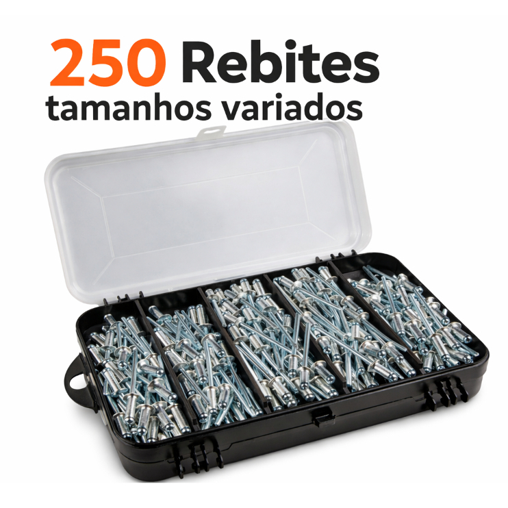 Kit 250 Rebite Pop Repuxo Aluminio Sortido + Estojo Duplo Rebites oficina metal chapa profissional