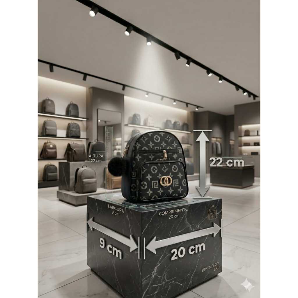 Mochila Feminina Con Monograma Pequena de Couro Sintetico + Chaveiro Pompom – Estilosa, Casual, Fashion e Dia a Dia
