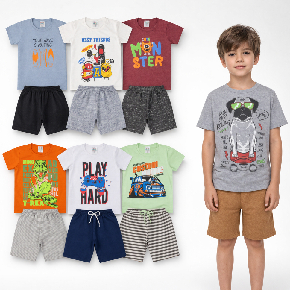 Kit 5 Conjuntos Infantil Menino Verão 5 Camisas Algodão + 5 Bermudas Moletinho Cores Sortidas Roupa Masculina M ao 14