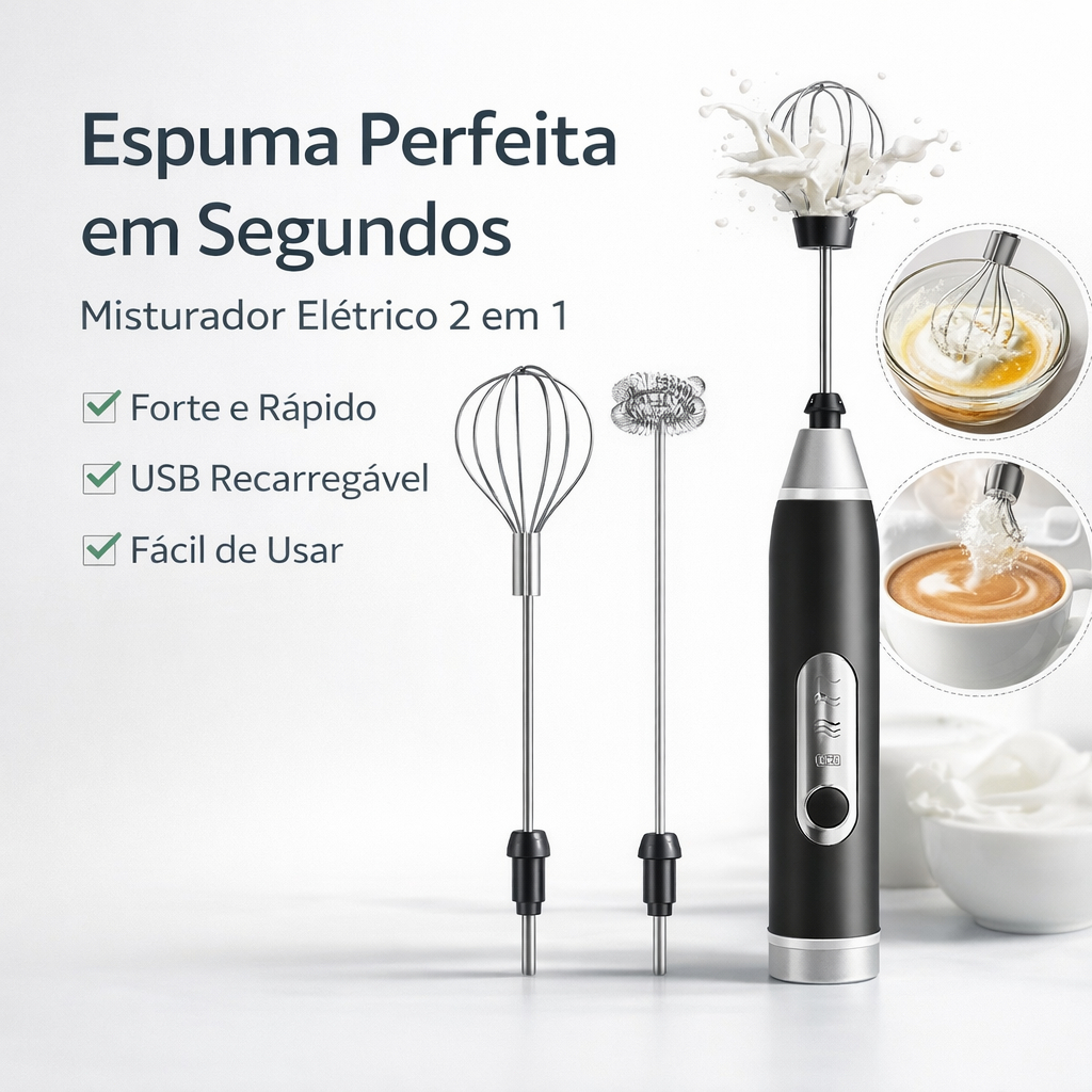 Misturador Elétrico 2 em 1 Espumador de Leite USB Recarregável Batedor Café Ovos