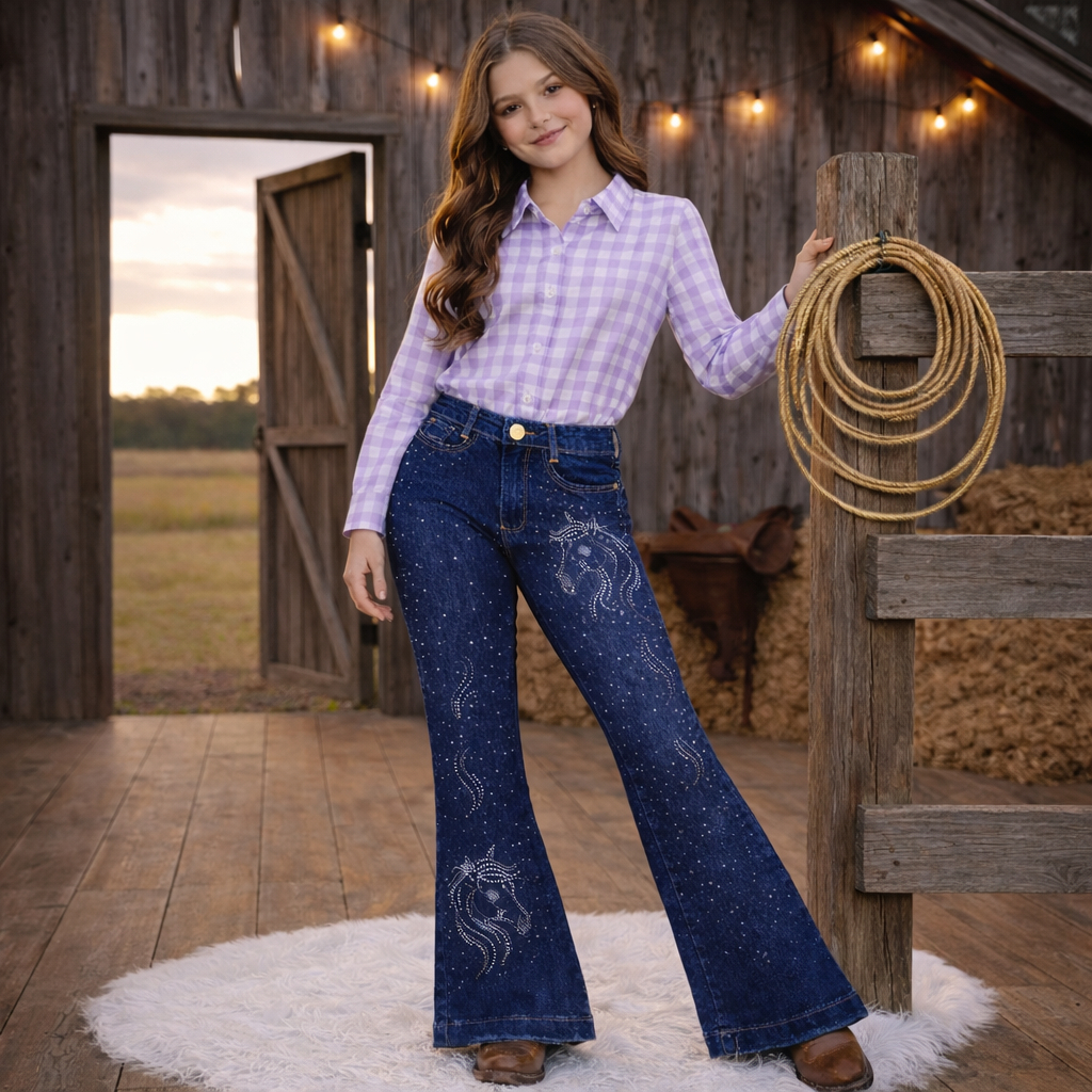 Calça Flare Country Juvenil Feminina Nossa Senhora Jeans com Strass Preto Boiadeira