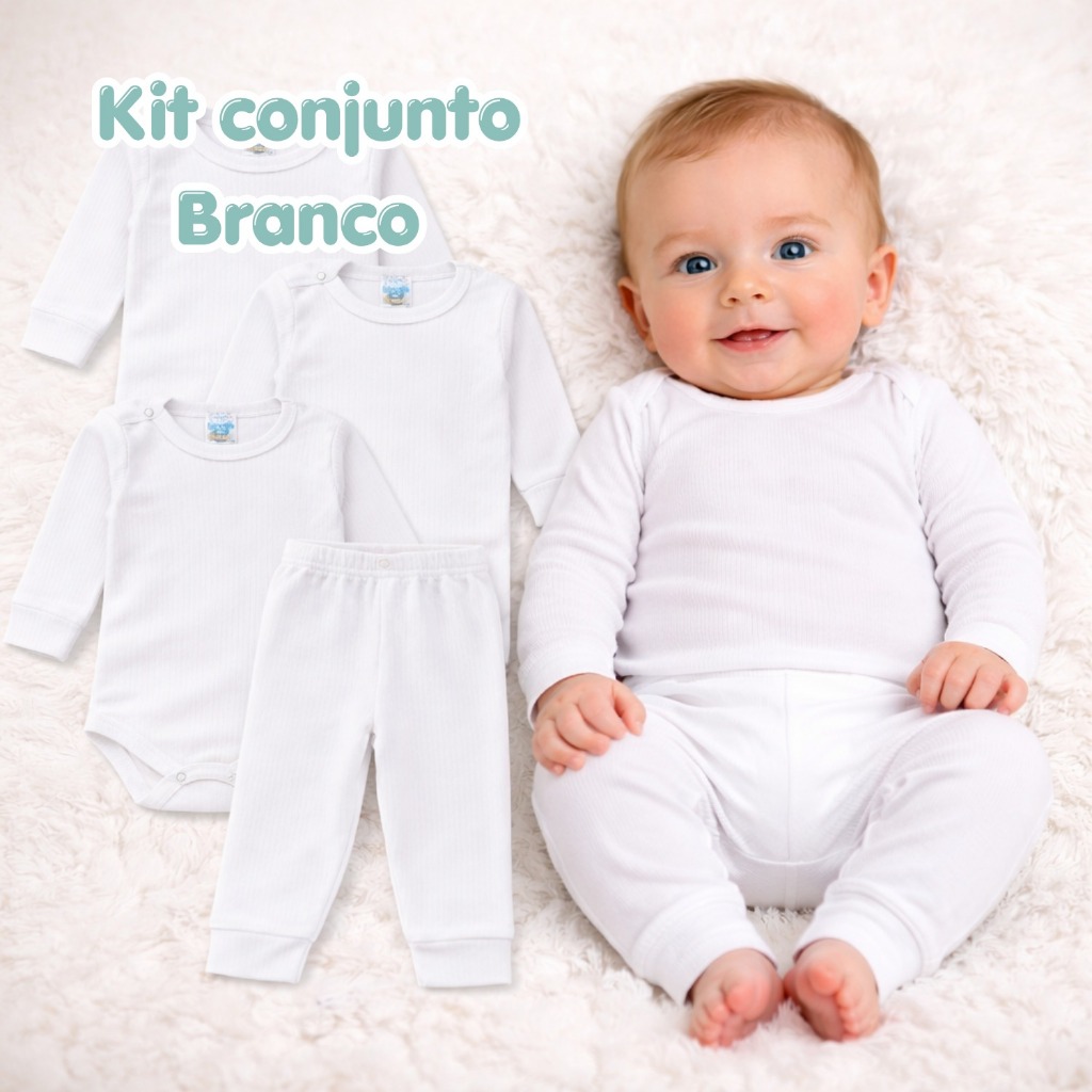 Body bebê BRANCO Conjunto Body Manga Longa + Mijão/Calça 100% Algodão Menino/Menina Macio RN ao G