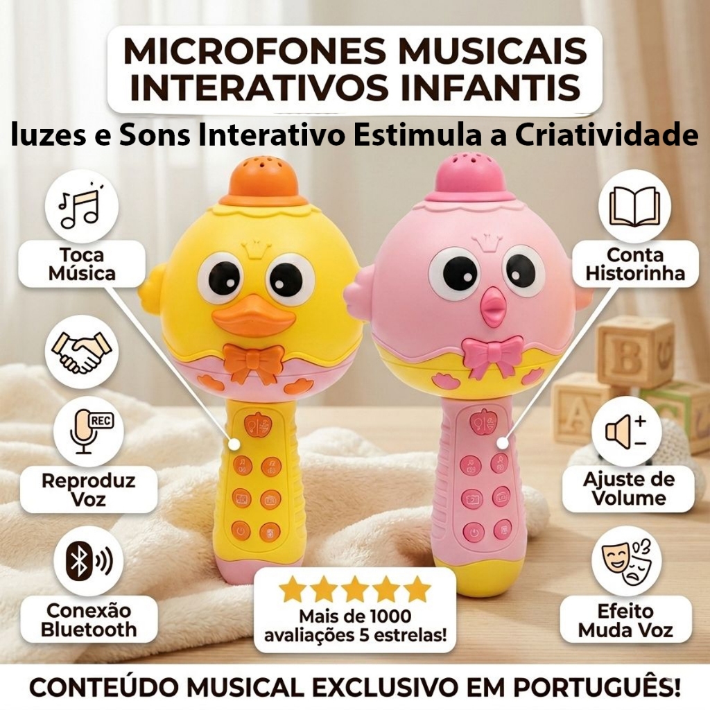 Microfone Bluetooth Infantil Conta Histórinhas Luzes Musica - Rosa
