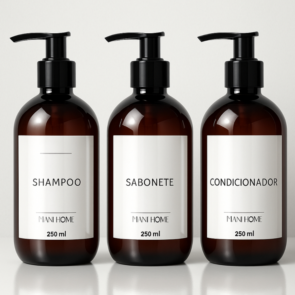 Frasco Dispenser 3 Peças Para Shampoo Saboneteira e Condicionador - Frasco Âmbar 250ml Et Br