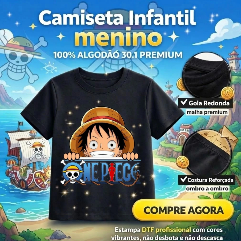 Camiseta Infantil One Piece Luffy Anime Unissex 100% Algodão Estampa Premium Otaku 02 ao GG Oferta