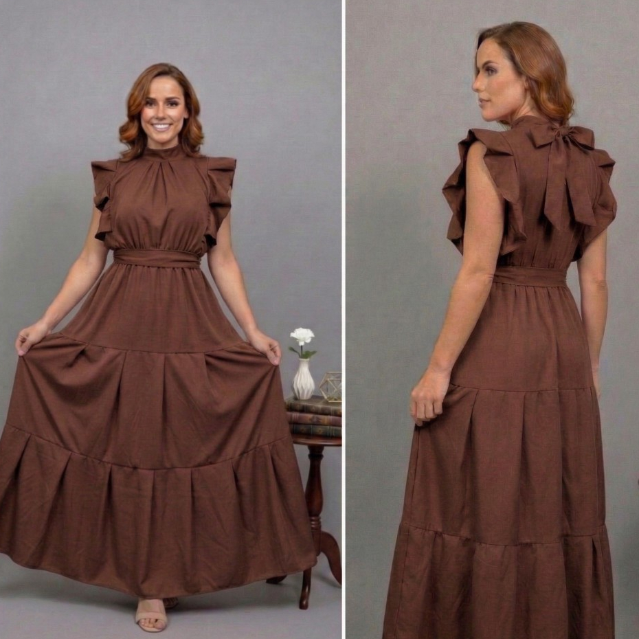 Vestido Casual Feminino Longo Com Gola Alta e Babado na Manga