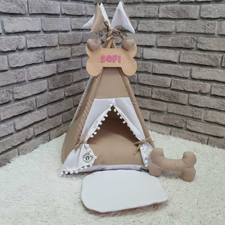 Cabana Pet Para Cães Gatos Tenda Toca Bege Branco Almofada de Ossinho Placa Personalizada Tamanho M