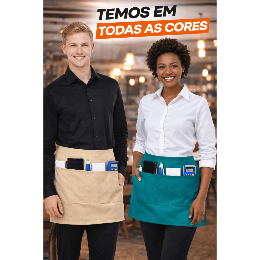 kit 2 avental tipo micro saia em tecido Oxford,frontal,meio avental,gracom, farda,uniformegarçonete,porta acessorios 4.4