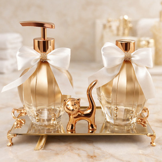 Kit Lavabo Banheiro Luxo em Vidro Lampe 300ml - Saboneteira + Difusor + Enfeite + Bandeja em Oferta na Shopee