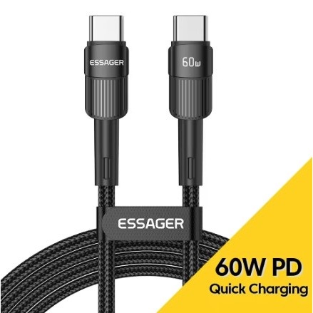 Cabo USB-C Essager 60W PD 1m Carregamento Rápido Tipo C iPhone 15 16 Android Nylon Reforçado Premium