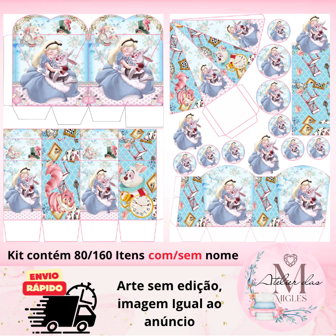 Kit com 80/160 itens ALICE NO PAÍS DAS MARAVILHAS (COM/SEM NOME) - Envio rápido!!! em Oferta na Shopee