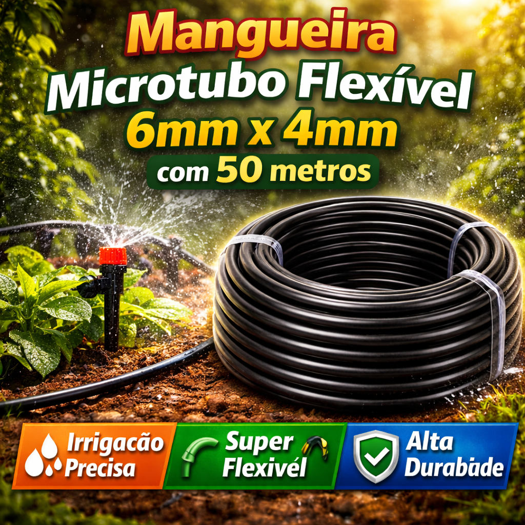 Mangueira PVC Preta 6mm X 4mm Microtubo Para Irrigação Gotejamento - Mangueira 50 Metros Preto