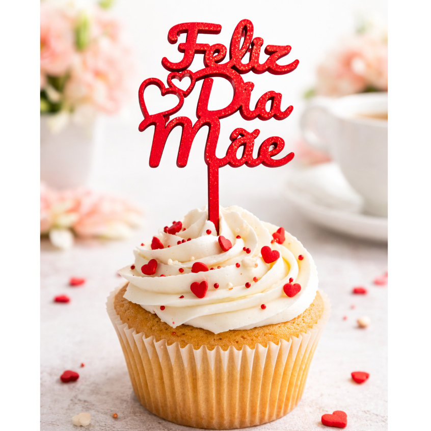 Topper Feliz Dia das Mães Vermelho | Enfeite para Bolo e Cupcake