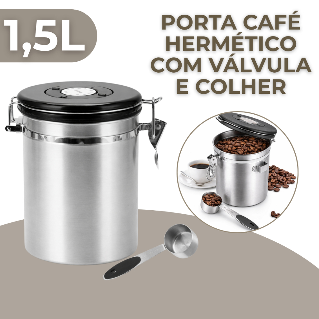 Pote Porta Café Hermético 1,5L Em Aço Inox Com Válvula e Colher Medidora