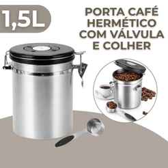 Pote Porta Café Hermético 1,5L Em Aço Inox Com Válvula e Colher Medidora