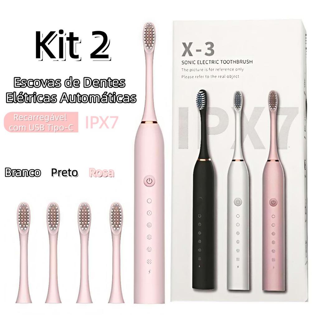 Kit 2 Escovas de Dente Elétrica Recarregável IPX7