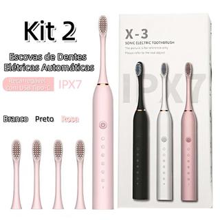 Kit 2 Escova de Dente Elétrica Automática Recarregável Type-C IPX7 Cerdas Macias para Adulto Criança