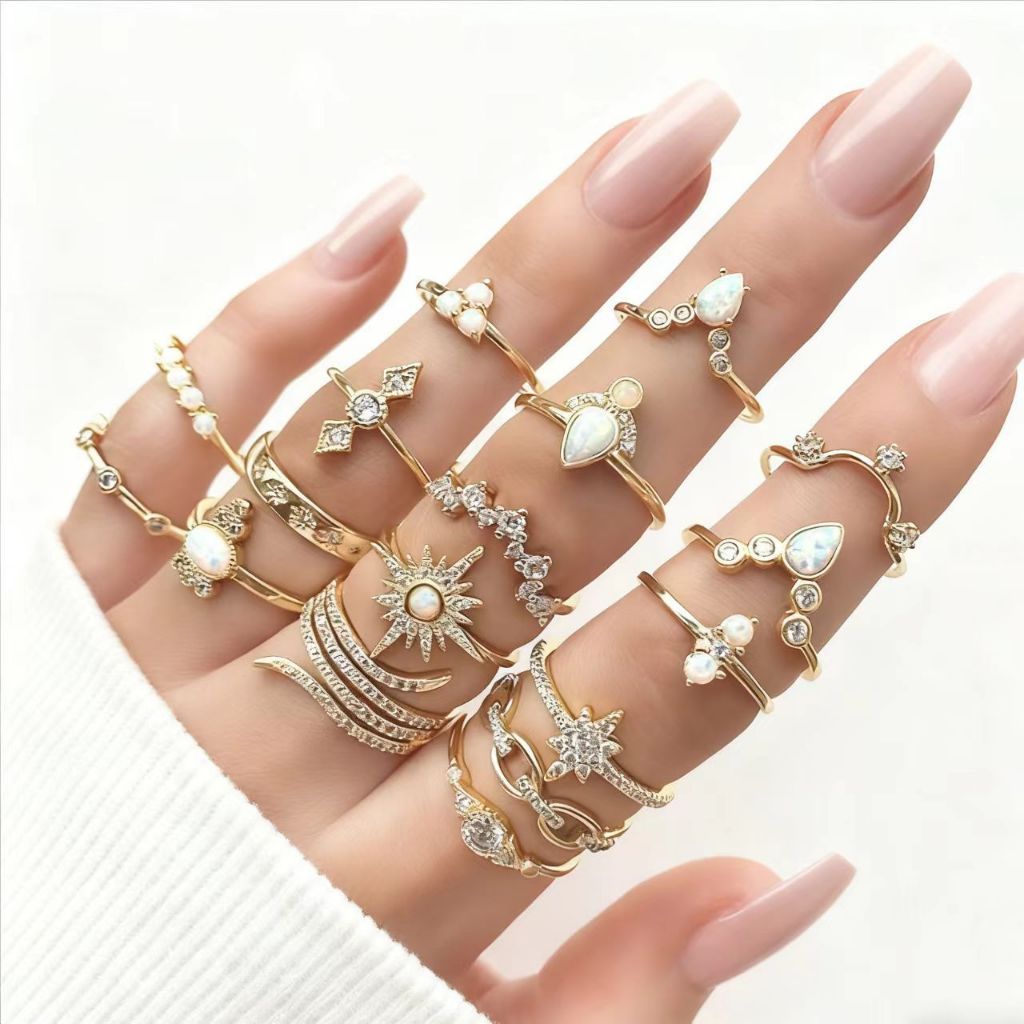 Conjunto 17 Anéis Boho Feminino Dourado Strass | Vintage Empilhável Moderno