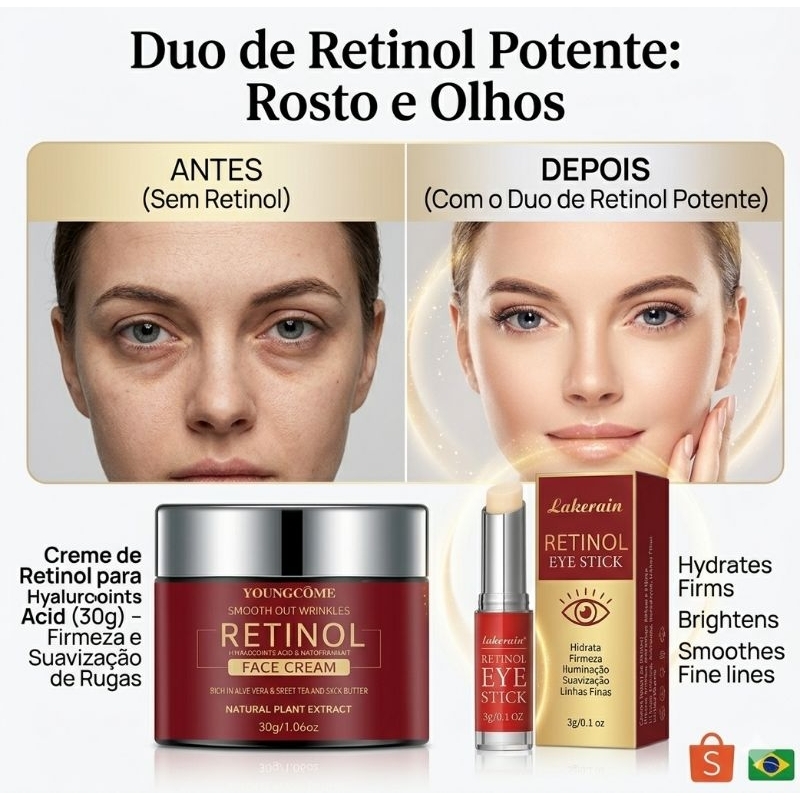Kit Creme Retinol Coreano Facial Área dos Olhos Olheiras Anti-Envelhecimento Anti-Rugas Clareador