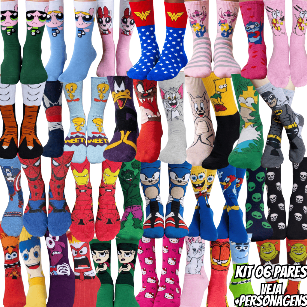 Kit 6 Par Meias Divertida Cano Alto Algodão Desenho Personagens Unissex Academia Corrida Meia Maluca em Oferta na Shopee