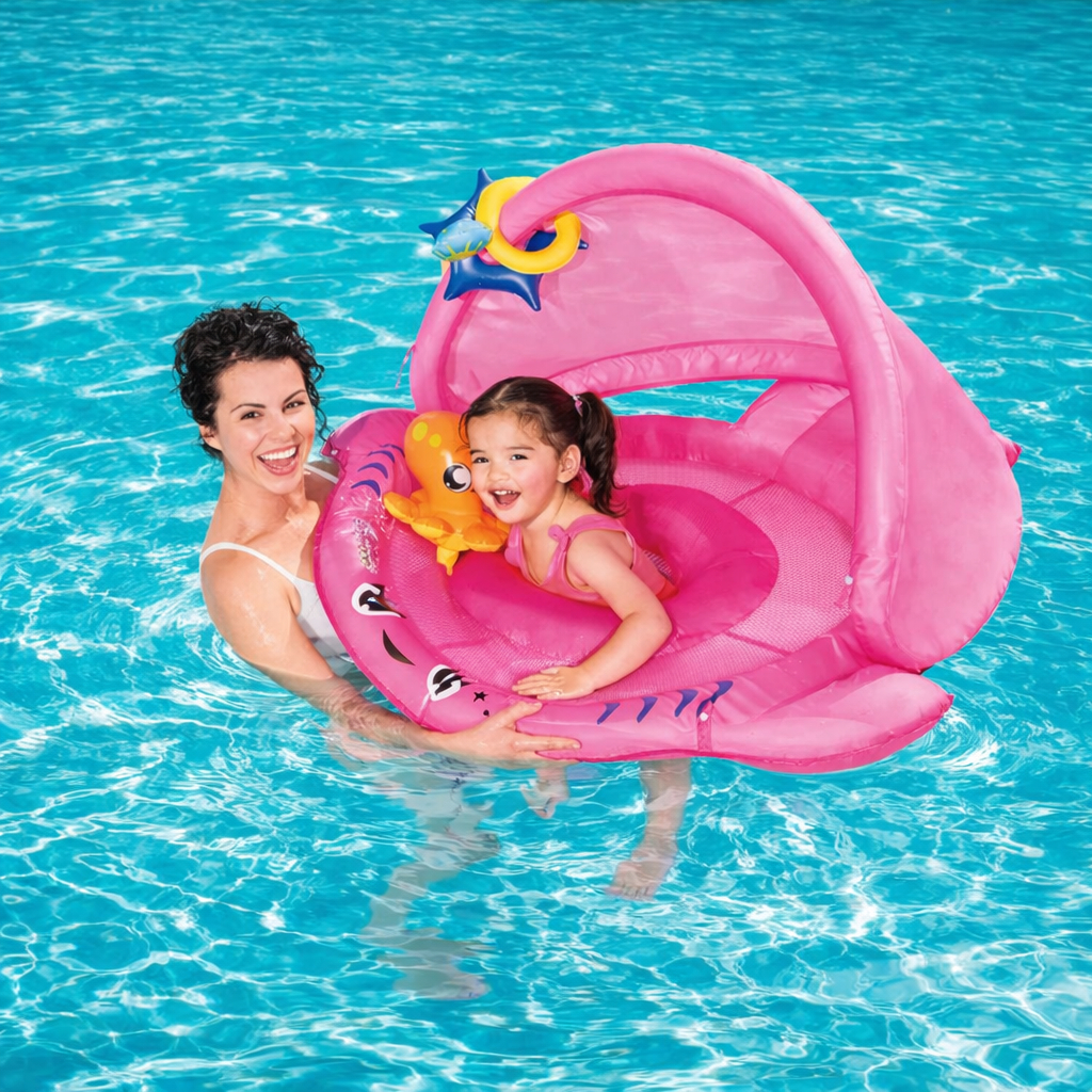 Bóia Infantil Bebê Com Assento Fralda E Protecao Sol Sombra Piscina Lazer Mor Tubarão Azul / Rosa