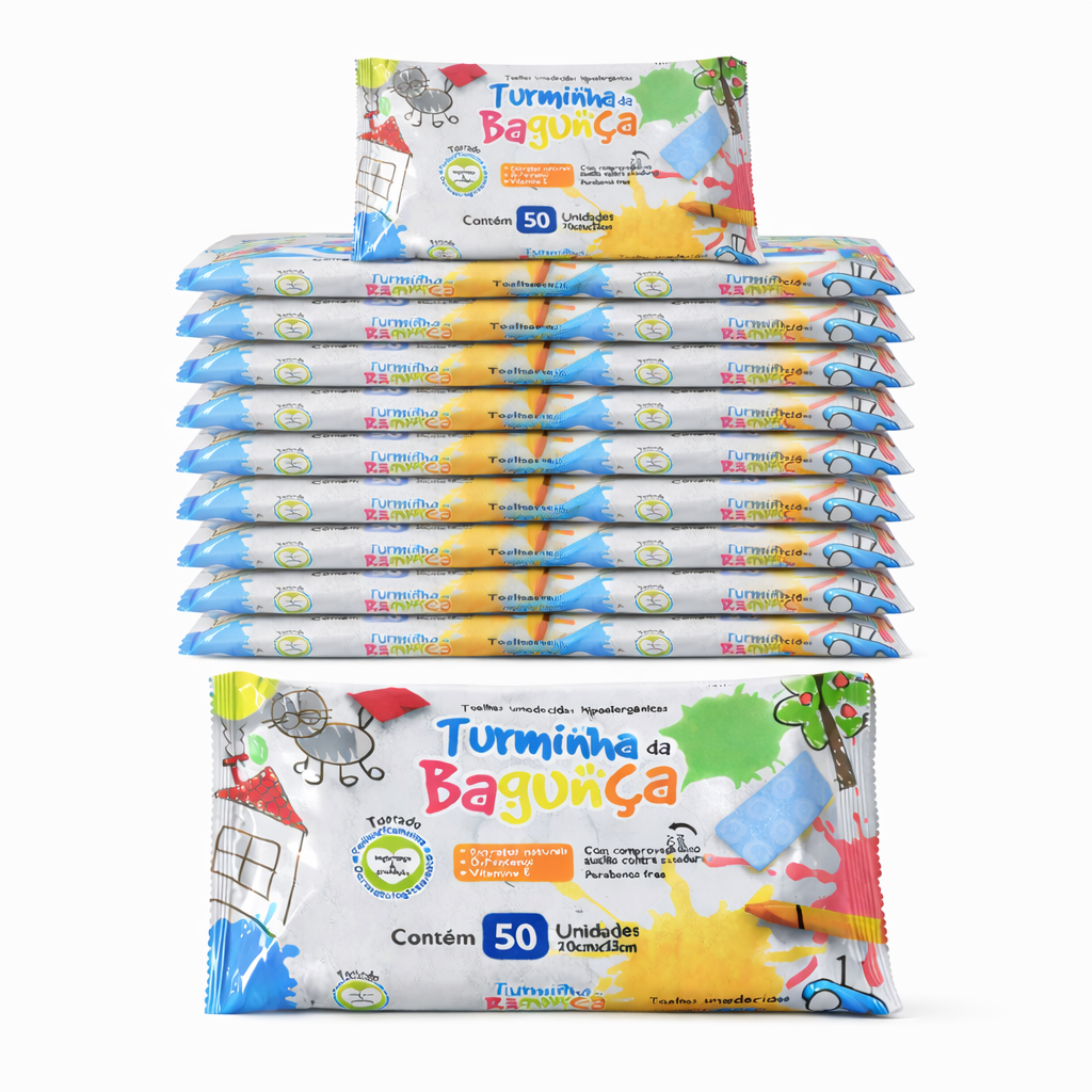 Kit 15 Pacotes Toalhas Umedecidas Turminha da Bagunça 50 Folhas 98% Água