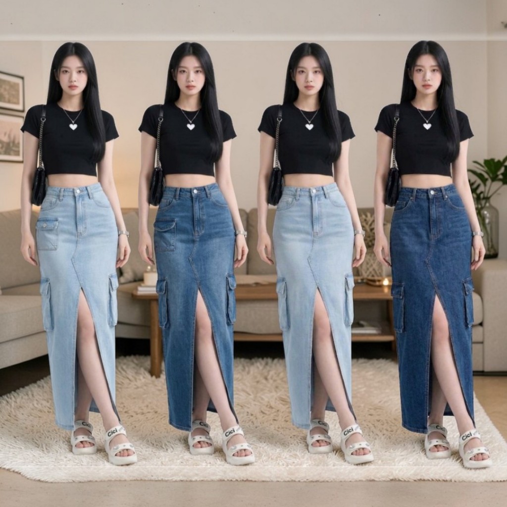 Saia Jeans Cargo Com Fenda Frontal Dara Ou Lara Moda Verão