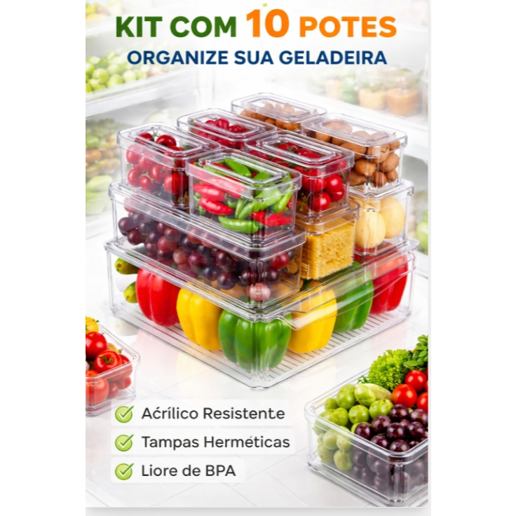 Kit 10 Potes Organizadores de Geladeira em Acrílico com Tampa Hermética – Multiuso