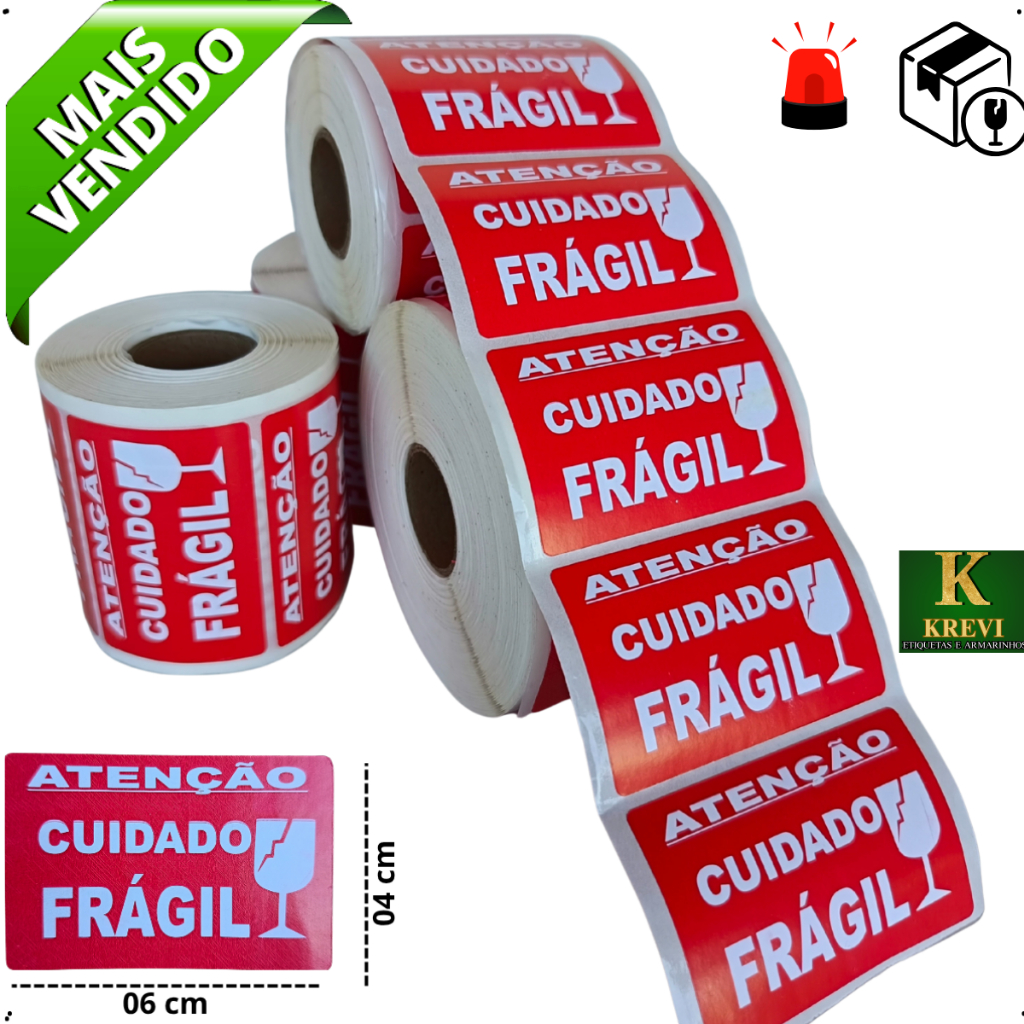 500 Etiquetas Adesivas Atenção Cuidado Frágil Fundo Branca 60x40mm p Embalagens e Transporte Seguro
