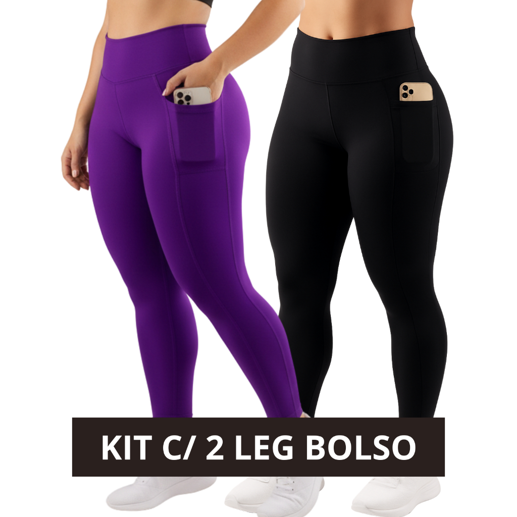 Kit 2 Calça Legging Fitness Feminina Bolso Lateral Suplex Grosso Zero Transparência de Academia Treino Cós Alto Ginásta em Oferta na Shopee