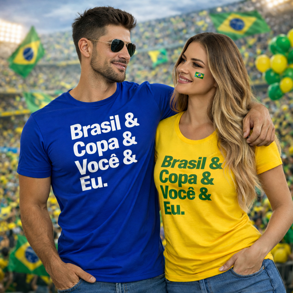 Kit Camiseta Casal Brasil Copa 2026 | 100% Algodão Premium | Presente Dia dos Namorados